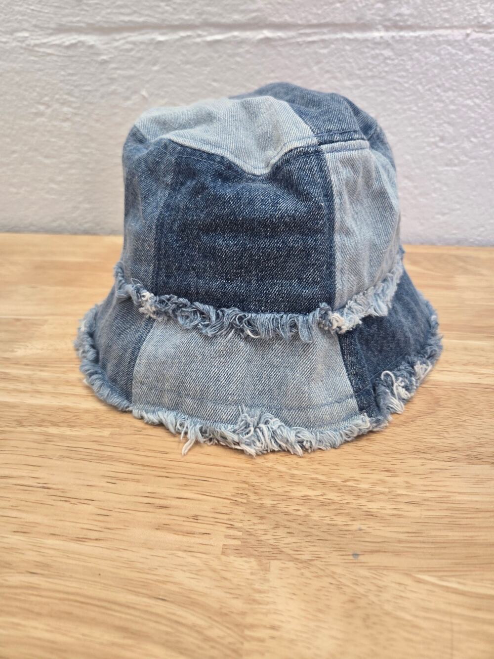 Claire's Blue Denim Patchwork Bucket Hat Frayed Raw Edge One Size Cotton